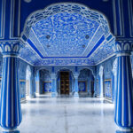 Jaipur, Rajasthan /India - September 11 2018 : Inside Jaipur city palace , Beautiful blue ornament painting in hall room.